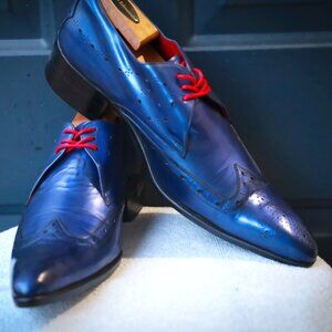 Jeffery-West 8-D US Blue Mens Wingtip Burnished Oxford Dress Shoes